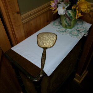 vtg 14 in MCM elegant vanity era gold floral handheld mirror cottage core